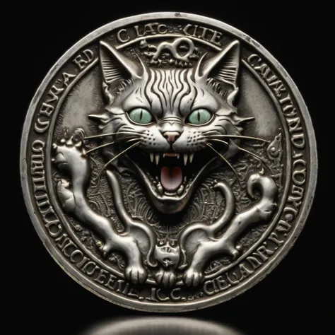 <lora:c01n-000010:0.85>, photograph of a silver c01n with a portrait of a cat, screaming, inscription over black background, <lora:wowifierXL:0.1>