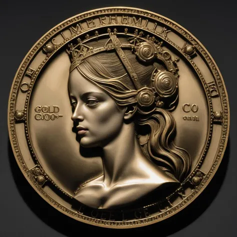 <lora:c01n-000010:0.8>, photograph of a gold c01n with a portrait of a woman, classy, no emotions, inscription over black background, <lora:wowifierXL:0.1>