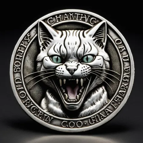 <lora:c01n-000010:0.85>, photograph of a silver c01n with a portrait of a cat, screaming, classy, no emotions, inscription over black background, <lora:wowifierXL:0.1>