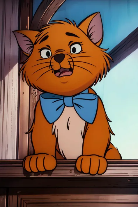 toulouse, kitten, no humans, light blue bowtie, animal focus, solo, indoors, whiskers, leaning, open mouth, black eyes, yellow sclera, dark, night, looking down, surprised, orange fur, window frame, ,(best quality, masterpiece,anime screencap) <lora:toulouse_v1:0.8>