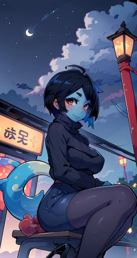 (masterpiece),(intricate details),1girl,mature female,brown eyes,large breasts,blush:1.3,
BREAK
<lora:UnknownSpy Rikki:0.7>, UnknownSpy Rikki, (blue skin:1.2), red eyes, black sweater,pencil skirt,pantyhose,high heels,depth of field,looking at viewer,cowboy shot,((sit on the , Village_centered_around_fishing_and_seafood,)),((upper body)),polka dot panties,smile,
BREAK
moon,night,meteor,hanabi,bus stop,((cumulonimbus)),from below:1.4