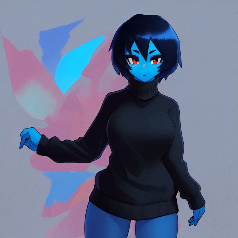 masterpiece, best quality, high quality, high resolution, (1girl:1.3), (solo:1.3), <lora:UnknownSpy Rikki:0.7>, UnknownSpy Rikki, (blue skin:1.2), red eyes, black sweater