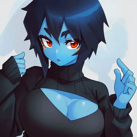 masterpiece, best quality, high quality, high resolution, (1girl:1.3), (solo:1.3), <lora:UnknownSpy Rikki:0.7>, UnknownSpy Rikki, (blue skin:1.2), red eyes, black sweater