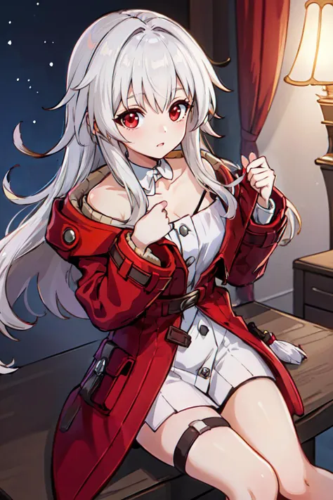 clara \(honkai: star rail\), red eyes, red coat, white dress, detached collar, thigh strap, masterpiece, best quality, detailed <lora:Char-HonkaiSR-Clara:0.7>