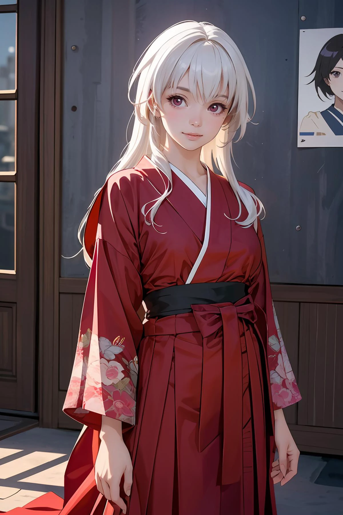 8k high quality detailed,highres,anime,comic,detailed image,
(an illustration of a age girl posing,(an illustration of girl,teengirl)),(magazine_illustration),
(,person \(honkai: star rail\),1girl,white_hair,long_hair,red_eyes,medium breasts),(Reward Smile),detailed_face,
((inugami-ke_no_ichizoku_pose):0.8),
((, jyojifuku,furisode,hakama,boot):0.7),(,realistic clothing texture,realistic_skin_texture),<lora:Char-HonkaiSR-Clara:0.75>,<lora:jyoji fuku v16.0:0.45>,<lora:more_details:0.2>