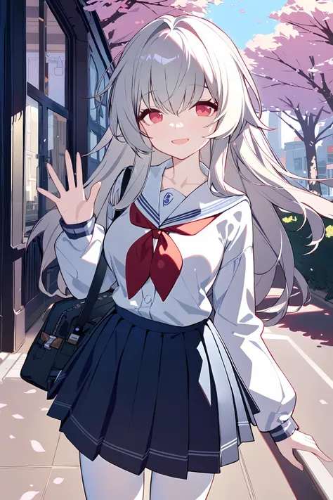 masterpiece, best quality, perfect features, intricate details, ray tracing, very aesthetic, (hitenkei, askzy:0.5), 1girl, clara \(honkai: star rail\), solo, school uniform, white shirt, sweater, pleated skirt, white pantyhose, light smile, waving, looking at viewer, smile, open mouth, outdoors, street, cherry blossoms, petals, depth of field  <lora:Char-HonkaiSR-Clara-XL-V1:0.9>