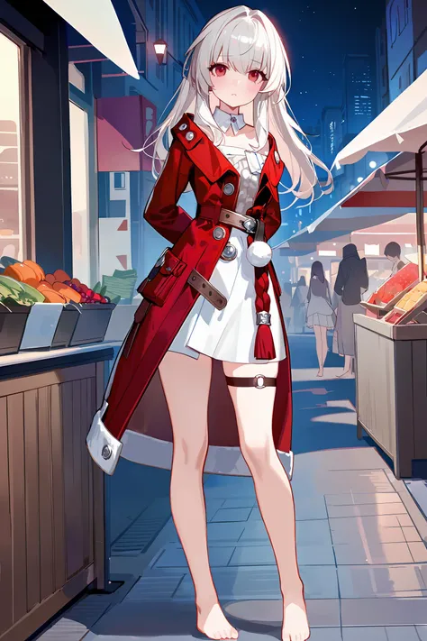 masterpiece, best quality, perfect features, intricate details, ray tracing, very aesthetic, (hitenkei, askzy:0.5), 1girl, clara \(honkai: star rail\), solo, red coat, white dress, detached collar, sweater,  barefoot, thigh strap, barefoot, full body, standing, street, night, bokeh, market, looking at viewer, blush, pout, arms behind back  <lora:Char-HonkaiSR-Clara-XL-V1:0.9>