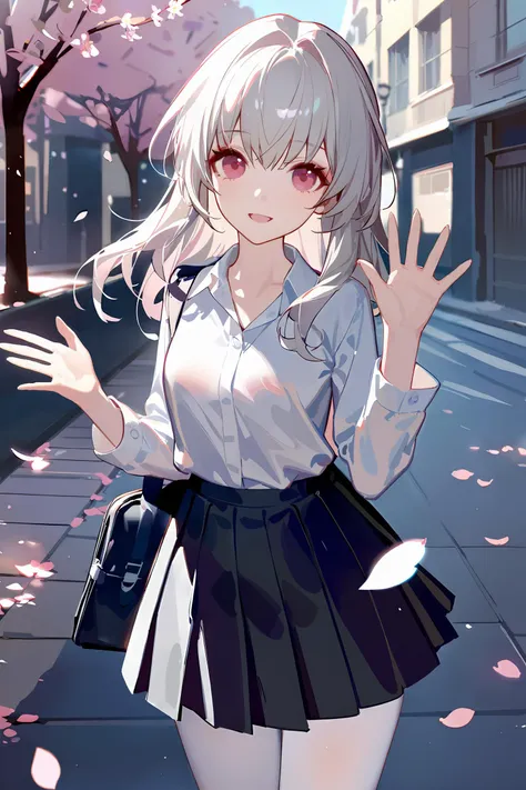 masterpiece, best quality, perfect features, intricate details, ray tracing, very aesthetic, (hitenkei, askzy:0.5), 1girl, clara \(honkai: star rail\), solo, school uniform, white shirt, sweater, pleated skirt, white pantyhose, light smile, waving, looking at viewer, smile, open mouth, outdoors, street, cherry blossoms, petals, depth of field  <lora:Char-HonkaiSR-Clara-XL-V1:0.9>