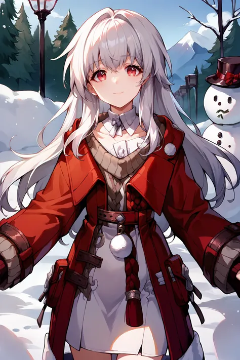 1girl, clara \(honkai: star rail\), solo, cowboy shot, looking at viewer, red coat, white dress, detached collar, sweater, snow, outdoors, snowman, light smile <lora:Char-HonkaiSR-Clara-Pony-V1:0.8> score_9, score_8_up, score_7_up  <lora:urushihara-lora04_PonyXL:0.5>