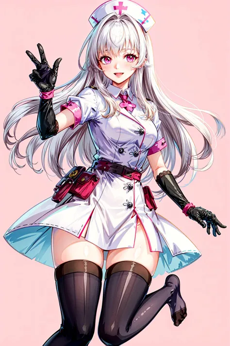 (((masterpiece))), (((best quality))), ((ultra-detailed)),
clara \(honkai: star rail\),gloves, hat, 1girl, white_gloves, white_legwear, nurse_cap, thighhighs,dynamic pose, long_hair, solo, dress, no_shoes, silver_hair, pink_background, smile,
<lora:add_detail:.77> <lora:Clara:.9>