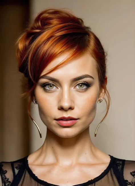 portrait of sks woman by Flora Borsi, style by Flora Borsi, bold, bright colours, orange Mohawk haircut, ((Flora Borsi)), <lora:lora_courtneyford_v1_from_v1_160:1>