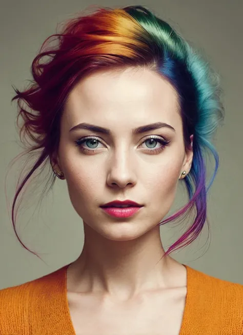 portrait of sks woman by Flora Borsi, style by Flora Borsi, bold, bright colours, rainbow Mohawk haircut, ((Flora Borsi)), <lora:lora_courtneyford_v1_from_v1_160:1>