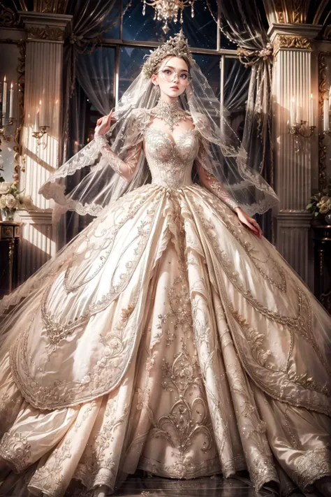 <lora:0257 castle style wedding dress_v2:0.75> , ((ruanyi0257,bridal veil,lace-trimmed dress,wedding dress,white dress,bride)):1.25, (pout, angry):1.15, look at viewer,
BREAK 1woman, adorable, clear face, solo, ((full body)):1.32, ((a woman wear a clear glasses, detailed glasses)):1.2,
BREAK perfect(anatomy,body,face,hand,leg,foot,fingers), ((multicolor hairs, very long hairs):1.2, cleavage),
BREAK soft light, light on face, cinematic lighting, dynamic(angle, elegant posture), detailed(shadow, lightning),
BREAK beautiful detailed woman, glossy pink lips, ((milky skin, shiny skin)), makeup, blush,eyeliner, eyeshadow, eyelashes, textured skin, collarbone, perfect skin,
BREAK <lora:more_details:0.75>, extremely detailed, CG, finely detail, (masterpiece, best quality):2.0, (intricate details, depth of field),
BREAK <lora:uber_saggy2:0.68>, saggy, sagging_breasts, ((huge breasts)),
indoors, detailed wedding hall, cozy, night:1.2, <lora:Night scene_20230715120543:0.45>, (starry sky, starry star), 1moon, one moon, windows,