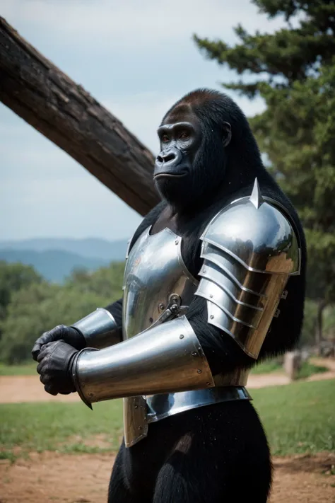 cinematic photo In a medieval fantasy world,a gorilla adorned in armor makes an appearance. He wears a massive suit of armor,and his powerful posture is overwhelming. He resembles a medieval adventurer,as if he belongs in a fantasy realm.,
 . 35mm photograph, film, bokeh, professional, 4k, highly detailed