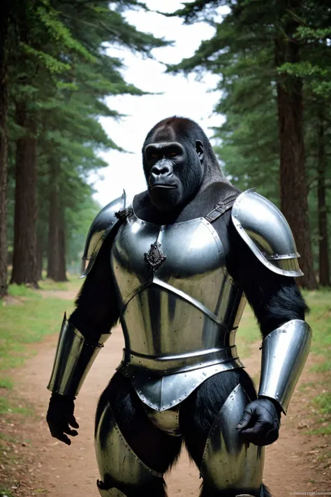 cinematic photo In a medieval fantasy world,a gorilla adorned in armor makes an appearance. He wears a massive suit of armor,and his powerful posture is overwhelming. He resembles a medieval adventurer,as if he belongs in a fantasy realm.,
 . 35mm photograph, film, bokeh, professional, 4k, highly detailed