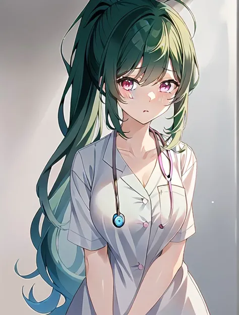 masterpiece, best quality, high quality, labcoat over scrubs, hospital exam room, ((stethoscope)), <lora:LabcoatOverScrubs1_1:1> 1girl,(hospital, operating room, infirmiary,clinic),   <lora:Mari Sukuma:0.7> (Mari Sukuma, 3dcg 10, 1girl, solo, bangs, hair between eyes, medium breasts, very long hair, ahoge, hair bow, sidelocks, pink eyes, high ponytail, crossed bangs, dark green hair),