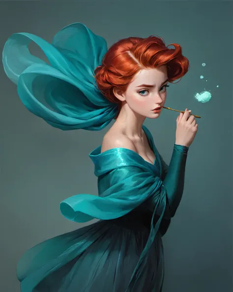 award-winning photo of a beautiful stshpo woman, redhead, teal and azure garment, stunningly beautiful, masterpiece, ultra high quality, ethereal, captivating, awe beauty, floating dust, contrapposto, volumetric Romantic lighting, 105mm Petzval lens, sharp focus, F0.8 Aspherical, 8k, tonemapped, <lora:PAINTED_ANIMATION_ART-STYLEV3:0.5> <lora:Jorg_Karg_Monochrome_Surrealism_SDXL:0.75> by Jorg Karg