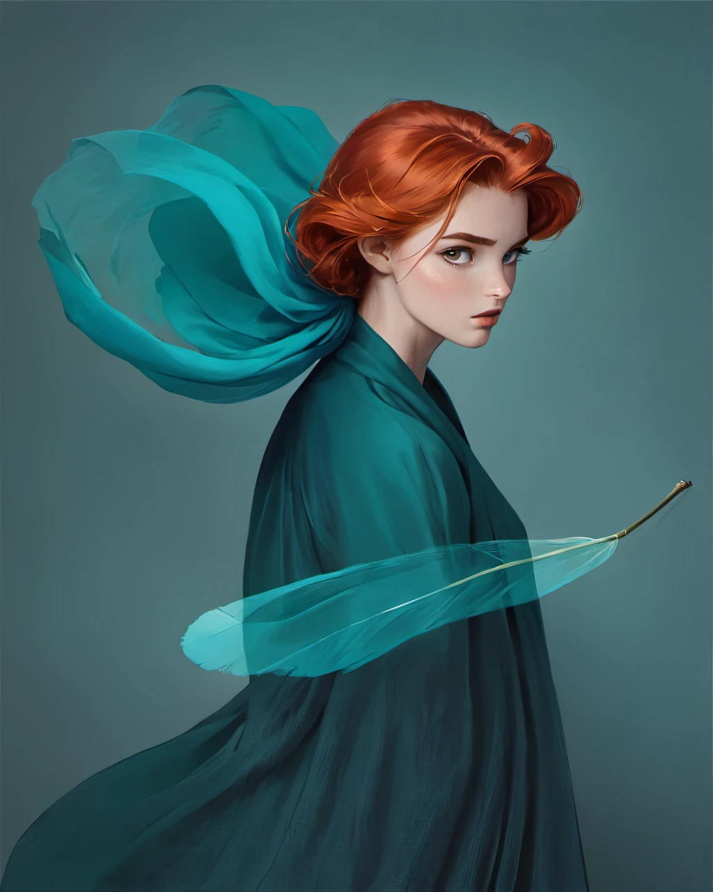 award-winning photo of a beautiful stshpo woman, redhead, teal and azure garment, stunningly beautiful, masterpiece, ultra high quality, ethereal, captivating, awe beauty, floating dust, contrapposto, volumetric Romantic lighting, 105mm Petzval lens, sharp focus, F0.8 Aspherical, 8k, tonemapped, <lora:PAINTED_ANIMATION_ART-STYLEV3:0.5> <lora:Jorg_Karg_Monochrome_Surrealism_SDXL:1> by Jorg Karg