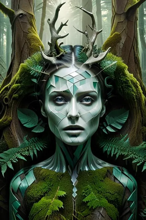 woman in a mythical forest, masterpiece, perfect face, intricate details, horror theme, raw photo, photo unp <lora:Jorg_Karg_Monochrome_Surrealism_SDXL:1> i the style of jorg karg, surreal, abstract, geometric patterns,