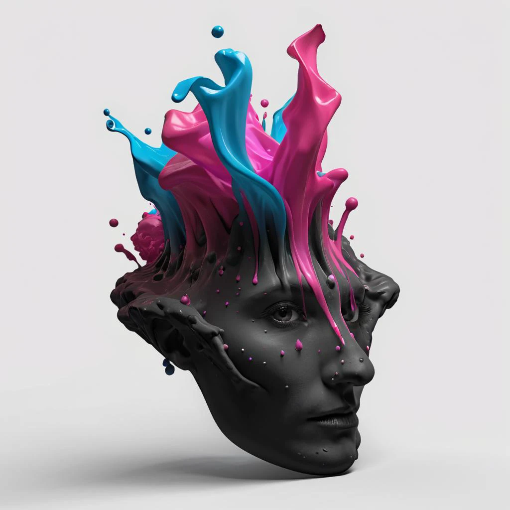Liquid art of the curse of a vivid mind, Internationally-acclaimed, ultra-sharp focus, 8k uhd, <lora:Jorg_Karg_Monochrome_Surrealism_SDXL:1> jorg karg, Style of Markus Reugels, splashes, drops, vibrant colors, dynamic shapes, fluid motion