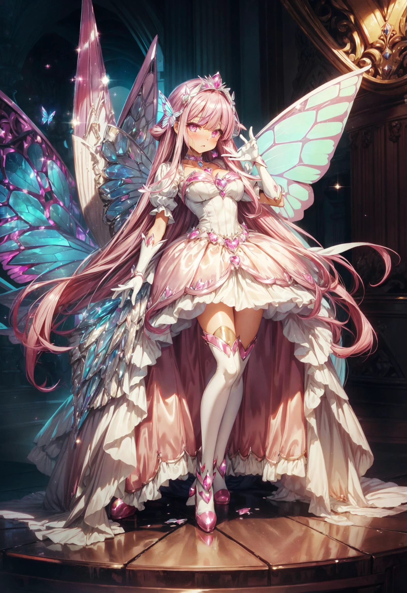 (8k, RAW photo, best quality, masterpiece: 1.1),
(1milf, princess, magical girl, standing, curtsy, awe, choker, sweat, blush, cry: 1.2),
(breast, thigh, heart-shaped pupils, saliva, drool on chest, : 1.2)
pink hair, shiny hair, (long hair, hair between eyes, blunt bangs: 1.2)
(princess dress: 1.2), (puffy long skirt:1.1), (puff sleeve: 1.2), standing collar, white gloves, white thigh high thights, pumps, jewely, (metalic satin: 1.2), <lora:toro_ahe_slider_sd15:0.5>, <lora:butterfly_wings_v1:0.5> butterfly wings, looking at viewer <lora:edgCrystalDress:0.5> edgCrystal, wearing a dress made of crystals, wearing edgCrystal, <lora:flat2:-0.5>