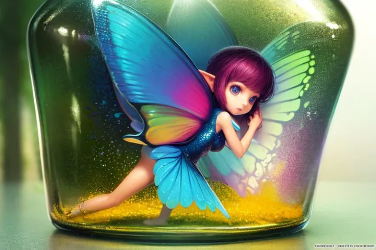 1girl,<lora:butterflyWings_butterflyWingsV1:0.8>, butterlfywings,colorful,fantasy, fairy,in the bottle