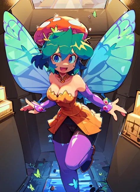 ((best quality)), ((highly detailed)), masterpiece, absurdres, extremely detailed face, beautiful face, (detailed eyes, deep eyes), (1girl), dynamic pose, full body, (((fairy))), ((miniature)), multiple wings, <lora:butterflyWingsV1:.7>, butterfly wings, ((glowing wings)), symmetrical wings, intricate wing pattern, transparent wings, large breasts, cleavage, thin waist, short hair, green hair, (((flying))), in the air, leotard, cameltoe, strapless, sleeveless, glitter, microskirt, oversized plants, giant mushrooms, :D, (in a mausoleum, midday), <lora:bacun:1.2>, bacun