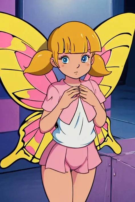 high quality, masterpiece,
<lora:Penny:0.85>, penny, blonde twintails, blue eyes, blunt bangs, twintails,
<lora:butterfly_wings_v1:1>, butterfly wings, beautiful wings, pink wings,