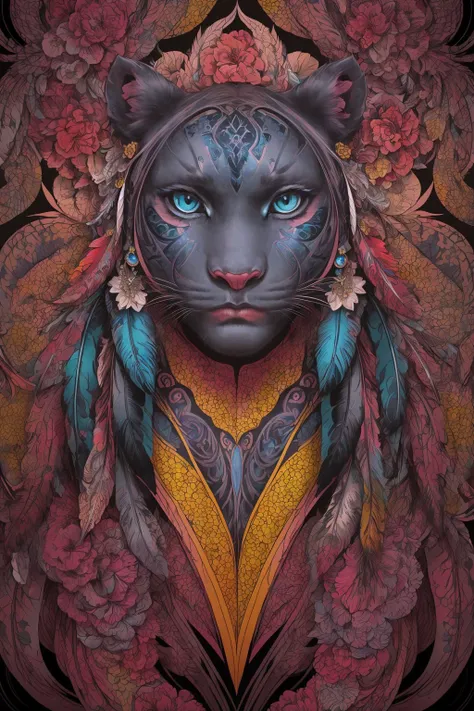 (masterpiece, top quality, best quality, official art, beautiful and aesthetic:1.2), (1panther:1.3), extremely detailed,(fractal art:1.1),(colorful:1.1)(flowers:1.3),highest detailed,(zentangle:1.2), (dynamic pose), (abstract background:1.3), (shiny skin), (many colors:1.4),  (earrings), (feathers:1.5)