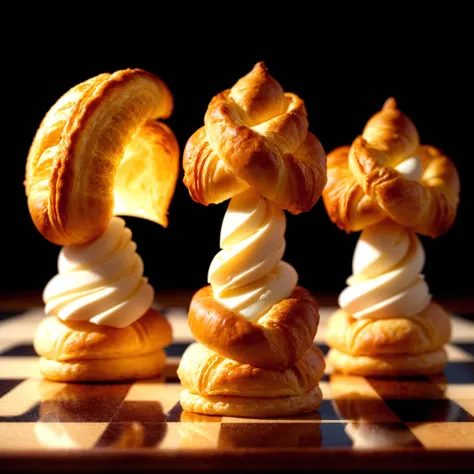 chessboard, chess pieces made of croissants, dramatic lighting, food photography
