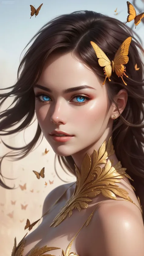 8k portrait of beautiful cyborg with brown hair, intricate, elegant, highly detailed, majestic, digital photography, art by artgerm and ruan jia and greg rutkowski surreal painting gold butterfly filigree, broken glass, (masterpiece, sidelighting, finely detailed beautiful eyes: 1.2), hdr, facing camera, upper body,