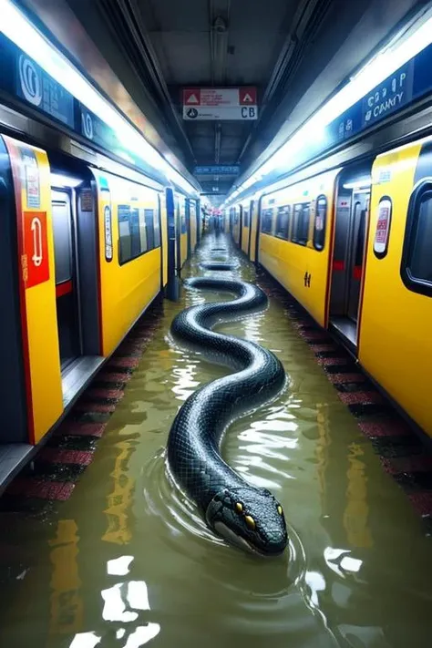 jakarta urban city street, dim light, criminals, mrt station, flood, giant snake in flood