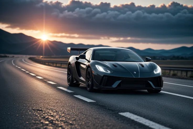 photo of a supercar, 8k uhd, high quality, road, sunset, motion blur, depth blur, cinematic, filmic image 4k, 8k with [George Miller's Mad Max style]. The image should be [ultra-realistic], with [high-resolution] captured in [natural light]. The lighting should create [soft shadows] and showcase the [raw] and [vibrant colors], volumetric dtx, depth blur, blurry background, bokeh, (motion blur:1.001)