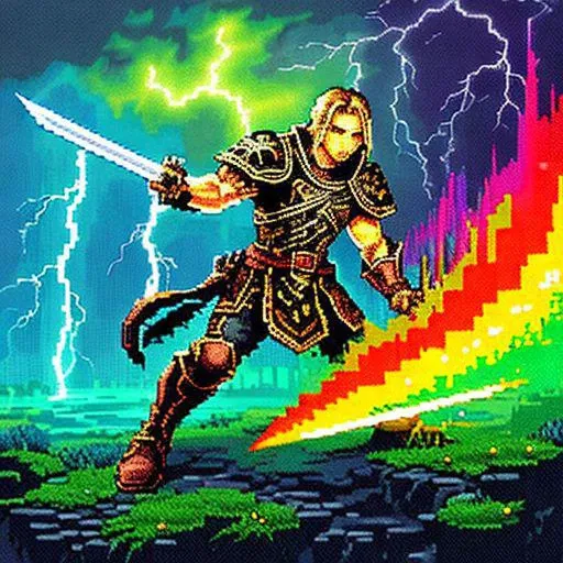 8-bit pixel, fantasy style card art, with a lightning texture effect, painted with an electric sword, slashing action