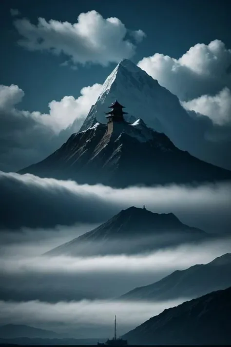 "Serene Sail" - Title: "Temple in the Sky"
Minimalist ink sketch, double exposure effect, featuring a small Buddhist temple nestled high among mountain peaks and glaciers, while a mystical sailboat with a solitary sail glides through vast cumulus clouds, style reminiscent of Nihonga and Ukiyo-E, imbued with a perfect composition, an epic dreamy atmosphere, sharp focus, intricate details, trending on ArtStation, highly detailed work styled by Greg Rutkowski.