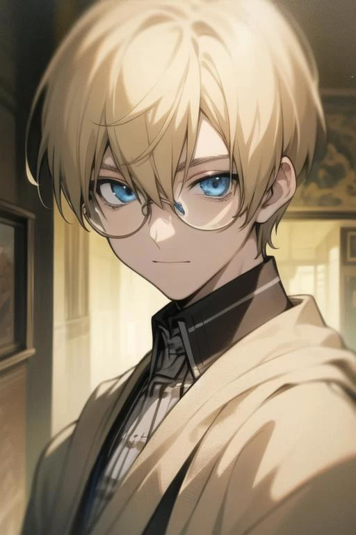 masterpiece, best quality, high quality, 1boy, solo, male focus, looking at viewer, upper body, <lora:william_macbeth:0.62>, william_macbeth, blonde hair, glasses, blue eyes, ,