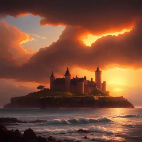 Beautiful landscape with a castle on the ocean, beautiful clouds, sunset, volumetric lighting, highly detailed, cinematic lighting, digital art painting by greg rutkowski