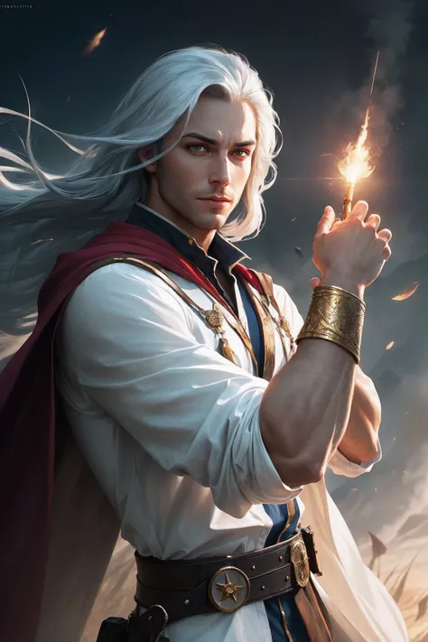 photorealistic photo of a handsome young male wizard, white wizard shirt with golden trim, white robe moving in the wind, long white hair, fully clothed, perfect face, handsome, (perfect composition:1.4), deviantart hd, artstation hd, concept art, detailed face and body, award-winning photography, margins, detailed face, detailed hands, ,backlight, 12k ultrarealistic, ray tracing, intense gaze, looking at the viewer, cinematic lighting, art by Grzegorz Rutkowski, embers, high fantasy background, action pose, hands up to 90 degrees, holding a small magic wand, water splash, misty