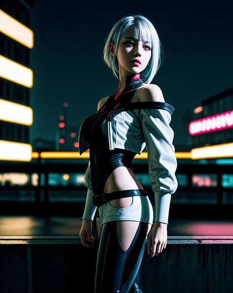 masterpiece, (photorealistic:1.4), best quality, beautiful lighting, (ulzzang-6500:0.5), lucy \(cyberpunk\), 1girl, white hair, against railing, arm rest, bangs, bare shoulders, belt, black belt, black leotard, black pants, blurry, bob cut, breasts, building, cityscape, clothing cutout, (cropped jacket), cyberpunk, depth of field, from side, gradient eyes, grey eyes, grey hair, white jacket, leotard, lips, long sleeves, looking afar, looking ahead, (mechanical parts), medium breasts, multicolored eyes, multicolored hair, night, night sky, off shoulder, open clothes, open jacket, outdoors, pants, parted lips, railing, red eyeliner, science fiction, short hair with long locks, short shorts, shorts, sidelocks, sky, solo, standing, teeth, thigh cutout, upper teeth only, white jacket, white shorts, cyberpunk \(series\), cyberpunk edgerunners, RAW photo, 8k uhd, film grain, cosplay, white wig, night, neon lights,,,, <lora:lucy_offset:1.21>
