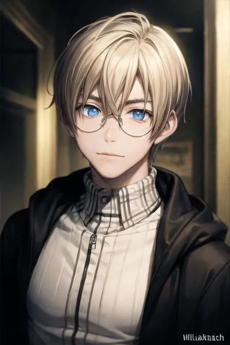 masterpiece, best quality, high quality, 1boy, solo, male focus, looking at viewer, upper body, <lora:william_macbeth:0.66>, william_macbeth, blonde hair, glasses, blue eyes, , jacket