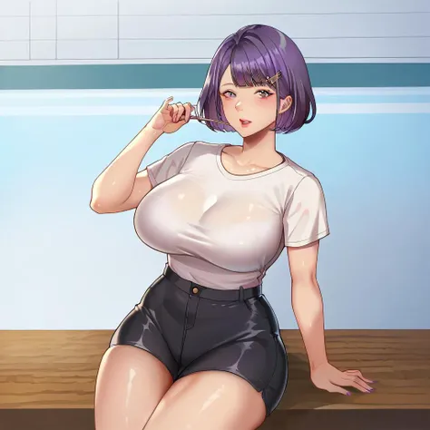 Shizune, 1girl, ((bimbo))), short black hair, glasses, puffy lips, painted lips, thick lips, wide hips, thick thighs, huge ass, bimbo face , enormous huge natural breasts, black bikini, in the pool, hanging breasts, posing, hand signs,