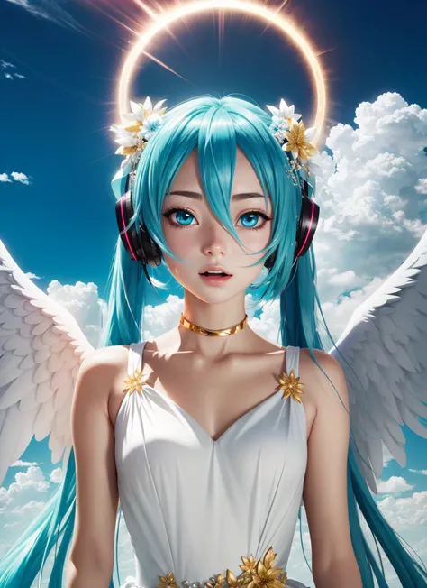 anime coloring, anime screencap, 1girl, hatsune miku, white gown, angel, angel wings, golden halo, dark background, upper body, (closed mouth:1.2), looking at viewer, arms behind back, blue theme, cloud