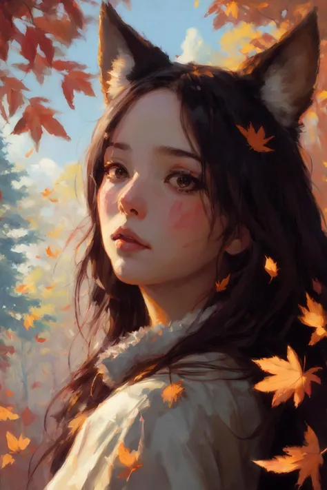 close up portrait of mononoke hime, falling leafs, forest creatures in the background, professional majestic oil painting by Ed Blinkey, Atey Ghailan, Studio Ghibli, by Jeremy Mann, Greg Manchess, Antonio Moro, Intricate, High Detail, Sharp focus, dramatic, photorealistic painting art by midjourney and greg rutkowski