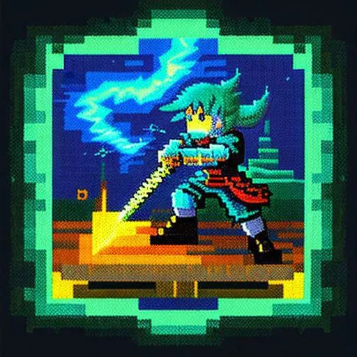8-bit pixel, fantasy style card art, with a lightning texture effect, painted with an electric sword, slashing action