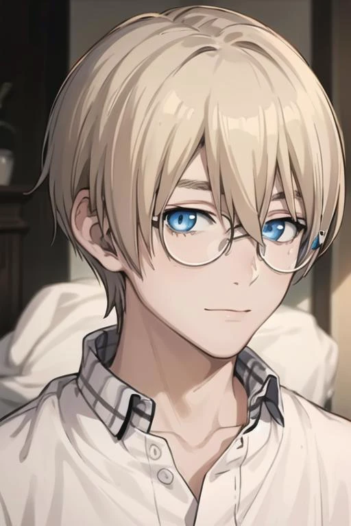 masterpiece, best quality, high quality, 1boy, solo, male focus, looking at viewer, upper body, <lora:william_macbeth:0.64>, william_macbeth, blonde hair, glasses, blue eyes, , pajamas