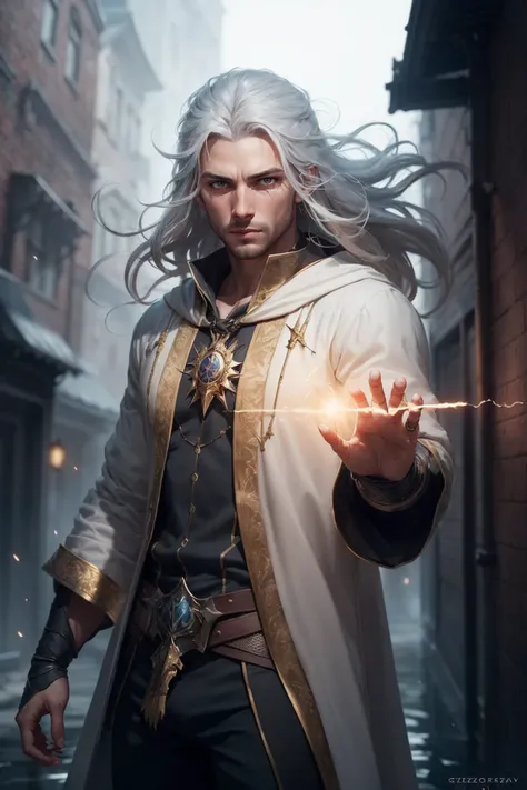 photorealistic photo of a handsome young male wizard, white wizard shirt with golden trim, white robe moving in the wind, long white hair, fully clothed, perfect face, handsome, (perfect composition:1.4), deviantart hd, artstation hd, concept art, detailed face and body, award-winning photography, margins, detailed face, detailed hands, ,backlight, 12k ultrarealistic, ray tracing, intense gaze, looking at the viewer, cinematic lighting, art by Grzegorz Rutkowski, embers, high fantasy background, action pose, hands up to 90 degrees, holding a small magic wand, water splash, misty