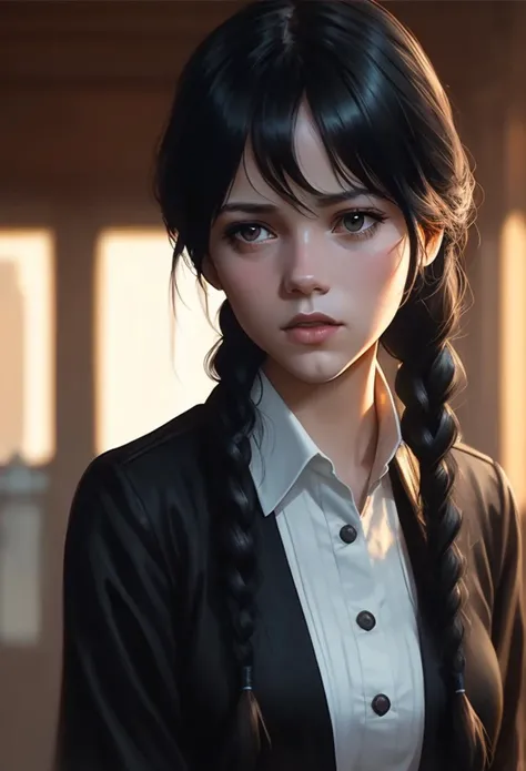 wed_ad_2, ((gothic)), ((skinny)), ((pale skin)), balance, (((bright))), light on face, ((2 braids hair)), (((natural day light))), ((uniform)), intricate, 8k, (((black clothing))), highly detailed, (extremely detailed CG unity 8k wallpaper), Hyperrealistic full shot body image, beautiful (skinny), trending on CGSociety, Intricate, High Detail, Sharp focus, digital painting, intense, modelshoot style, (extremely detailed CG unity 8k wallpaper), full shot body photo of the most beautiful artwork in the world, pearl skin, professional majestic oil painting by Ed Blinkey, Atey Ghailan, Studio Ghibli, by Jeremy Mann, Greg Manchess, Antonio Moro, trending on ArtStation, trending on CGSociety, Intricate, High Detail, Sharp focus, dramatic, photorealistic painting art by midjourney and greg Rutkowski