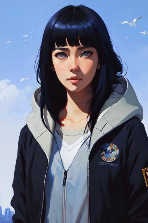 hinata, hyuuga_hinata, close up, modelshoot style, anime screencap, (extremely detailed CG unity 8k wallpaper), full shot body photo of the most beautiful artwork in the world, bangs, empty_eyes, black_hair, professional majestic oil painting by Ed Blinkey, Atey Ghailan, Studio Ghibli, by Jeremy Mann, Greg Manchess, Antonio Moro, trending on ArtStation, trending on CGSociety, Intricate, High Detail, Sharp focus, dramatic, photorealistic painting art by midjourney and greg rutkowski, hooded_jacket, grey_eyes