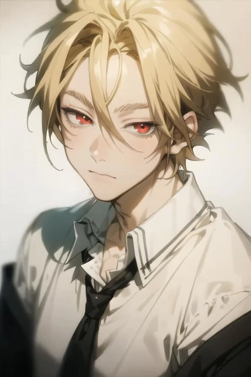 masterpiece, best quality, high quality, 1boy, solo, male focus, looking at viewer, upper body, <lora:king_of_despair:0.74>, king_of_despair, red eyes, blonde hair, hair between eyes, realistic, school uniform