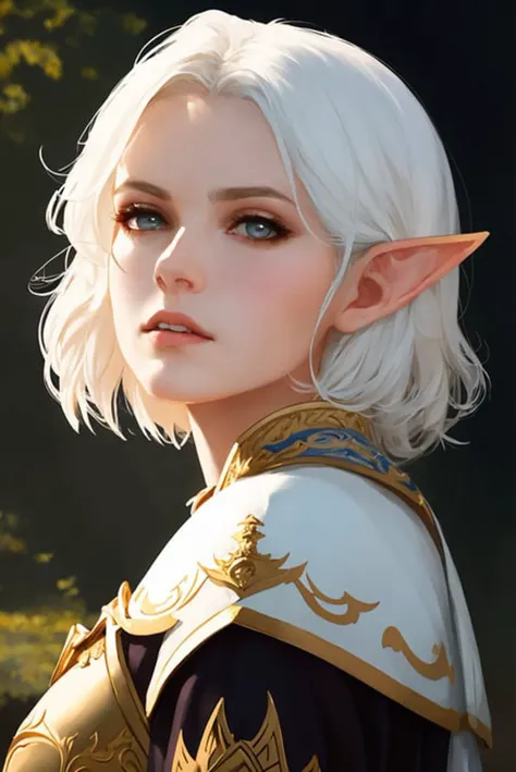(masterpiece, sidelighting, finely detailed beautiful eyes: 1.2),1girl, breasts, detailed background, (breastplate), professional majestic oil painting, trending on ArtStation, trending on CGSociety, Intricate, High Detail, Sharp focus, dramatic, Elf Ears, ((white Hair)), (((short hair))), older, ((mature woman)), Elf, Drow, detailed eyes, intricate detail, stern expression, dark shadows, detailed shadows, ((mature_female)), Good eye, white pupils, clothes, (highly detailed, majestic), art by artgerm and ruan jia and greg rutkowski, outdoors